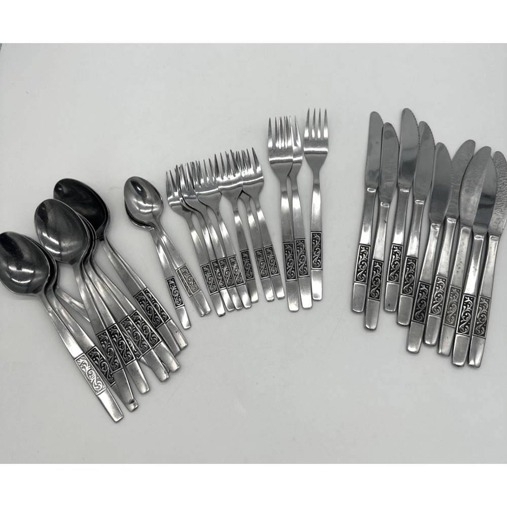 31 Piece Set Mid Century Amefa Holland Stainless Steel Flatware Set.